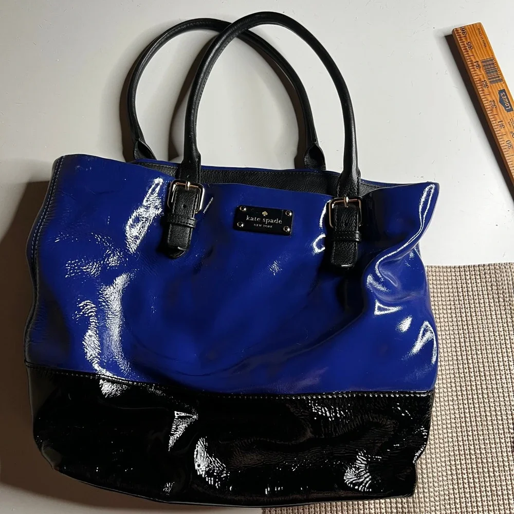 Kate Spade New York Blue Black Patent Leather Colorblock Tote Shoulder Bag